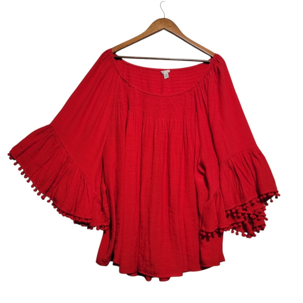 Cato Woman Plus 26W/28W Ruffle Flutter Sleeve Top Off Shoulder Pom Pom Tassels